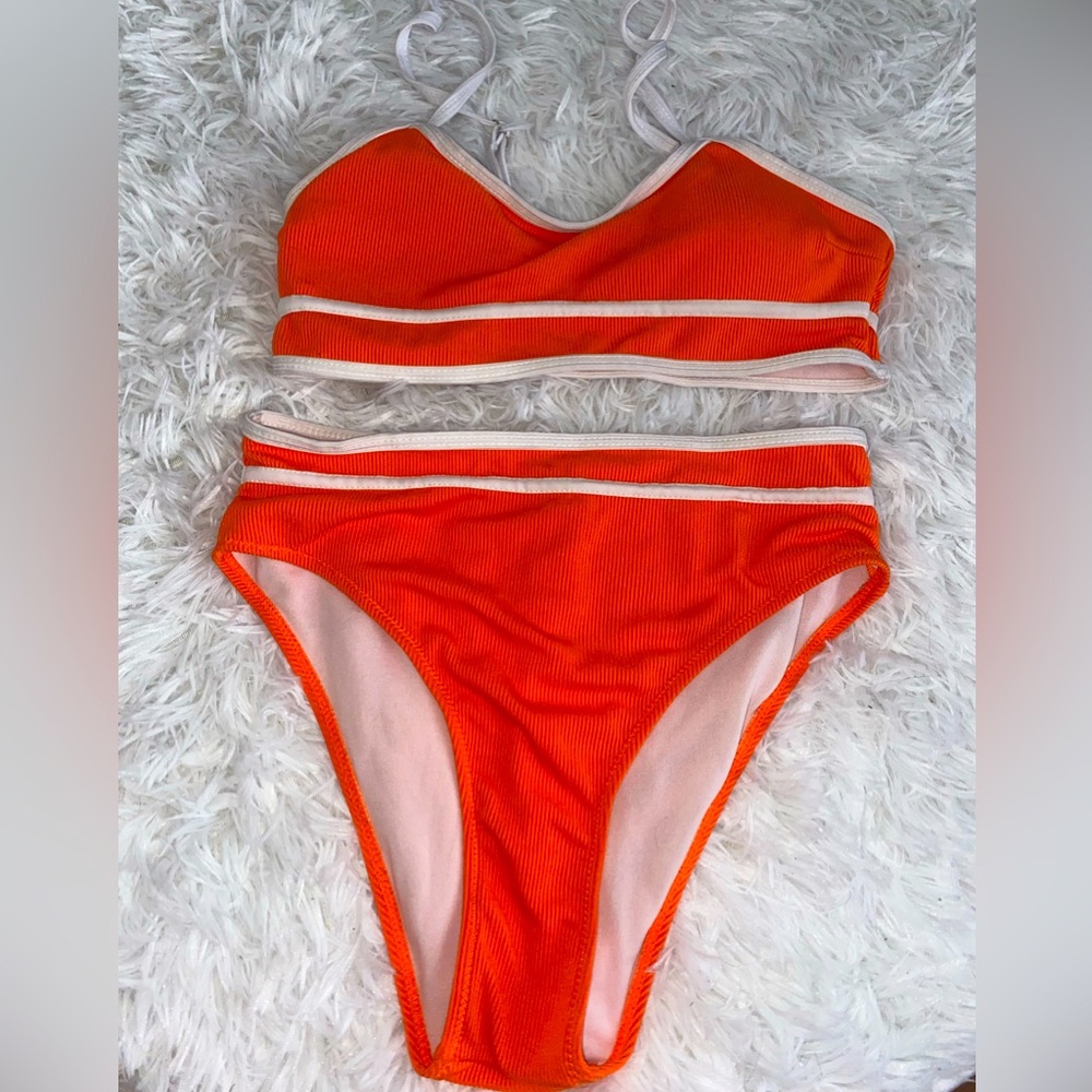 orange & white  ribbed high-waisted bikini